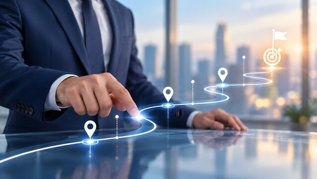 Corporate executive interacting with glowing digital timeline on glass desk planning strategic business roadmap and target goals