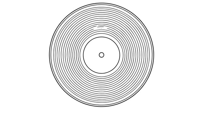 Black outline vector icon of a vinyl record viewed from above with concentric groove circles, solid center label and tiny spindle hole drawn with thin lines in balanced circular layout