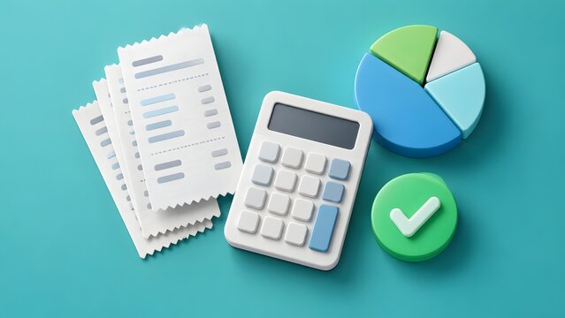 3D financial accounting concept with calculator receipts pie chart and green checkmark for budget approval and tax preparation
