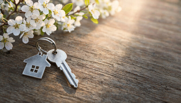 House shaped key ring with metallic key resting on rustic wooden surface with spring cherry blossoms