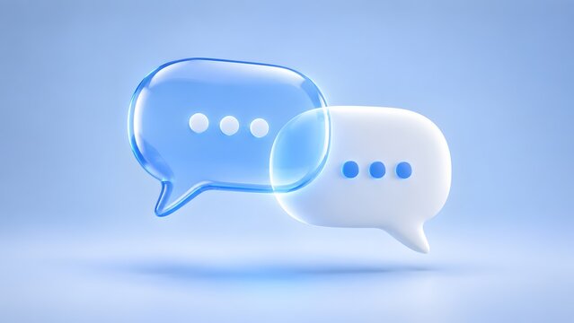 Transparent glass and white 3d speech bubbles representing online chat messaging communication customer support and digital feedback interface
