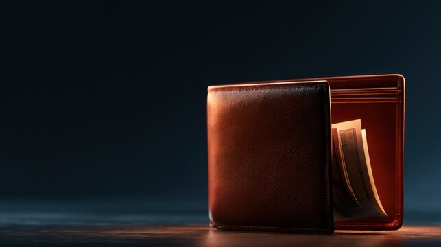 Elegant brown leather wallet partially open with visible banknotes inside illuminated by soft lighting on dark background for financial concept