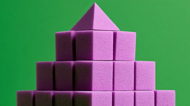 Purple geometric shapes forming a pyramid, arranged on a vibrant green backdrop, symbolizing growth and conceptual design