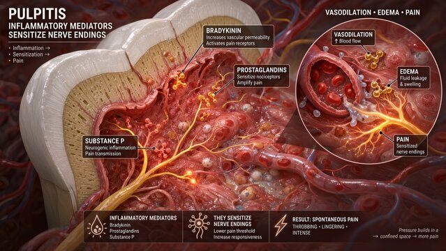 3d medical illustration of dental pulp model showing inflammatory mediators like bradykinin, prostaglandins, and substance p sensitizing nerve endings during pulpitis with vasodilation