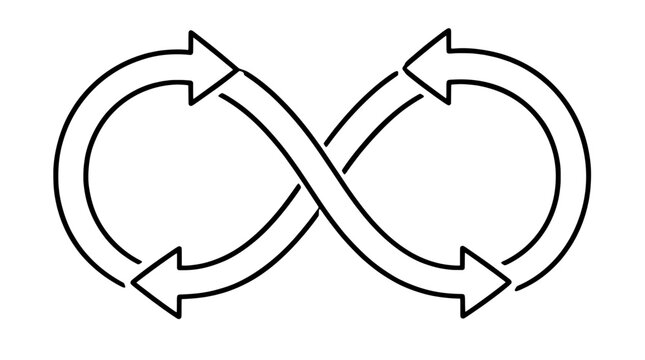 Black outline vector icon of an infinity loop formed by two cyclic arrows with four heads and overlapping bands drawn with bold black lines in horizontal composition conveying perpetual renewal