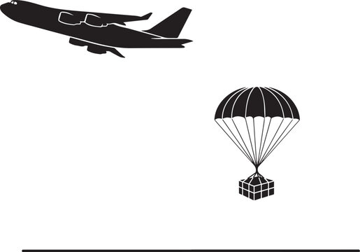 airplane dropping cargo with parachute airdrop silhouette vector icon.illustration