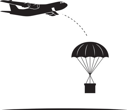 airplane dropping cargo with parachute airdrop silhouette vector icon.illustration