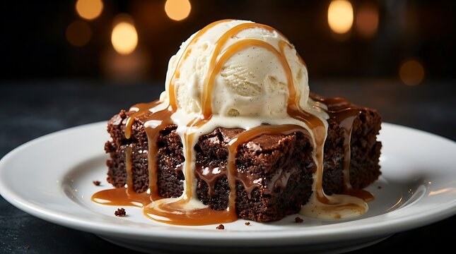 Delicious chocolate brownie topped with a scoop of creamy vanilla ice cream and sweet caramel sauce on a white plate