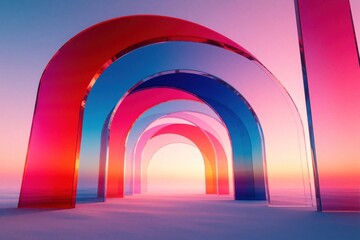 Fototapeta premium Vibrant abstract illustration with colorful glass arches under dreamy sky. Surreal rainbow shapes create tunnel effect in fantasy landscape. Glowing pink, blue light tones form aesthetic background