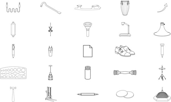 Crowbar, monk shoes and cymbals lead a mixed collection of 25 black outline icons featuring hammer, marker, document sheet, scissors, microphone, conga drum and horn bell for design use