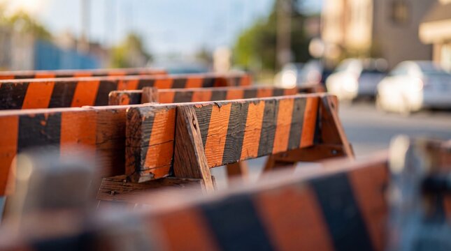 Wooden construction barricades with orange and black diagonal hazard stripes blocking off a city street during roadwork and repair operations