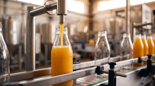 Industrial automated bottling line filling glass bottles with fresh orange juice inside a modern beverage production facility or juice factory plant.