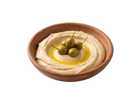 Creamy hummus dip in a brown terracotta bowl garnished with green as isolated on transparent background