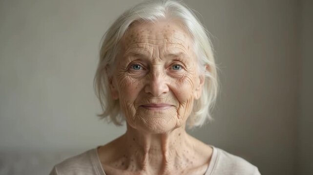 Slow pan shot of three generations of females facing camera with subtle smiles in neutral indoor studio portrait sequence