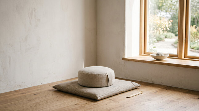 Zen Meditation Space with Cushion Pillow and Incense Holder on Wooden Floor in Sunlit Room