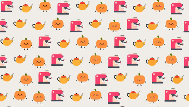 Cute cartoon pumpkins and teapots pattern