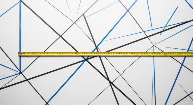 Measuring tape laid across geometric lines on a white background abstract design concept of precision