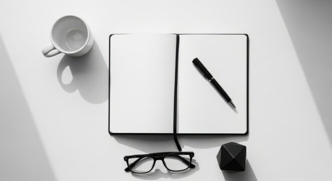 Minimalist Overhead View of a Notebook Pen Glasses and Coffee Cup on a White Desk with Dramatic Shadows
