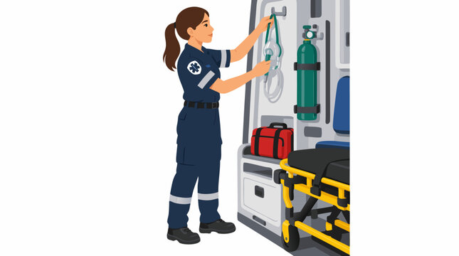 Female emergency paramedic in navy uniform hanging oxygen mask on hook inside ambulance beside stretcher, oxygen tank and medical bag, flat vector illustration isolated on white background