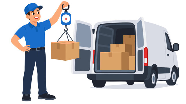 Cheerful delivery driver in blue uniform weighing cardboard parcel on hanging scale beside white cargo van loaded with boxes for shipping logistics and courier service flat vector illustration
