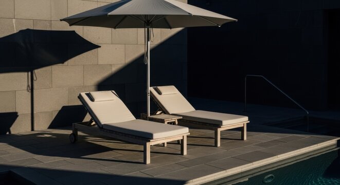 Luxury outdoor loungers under umbrella by swimming pool minimalist modern resort