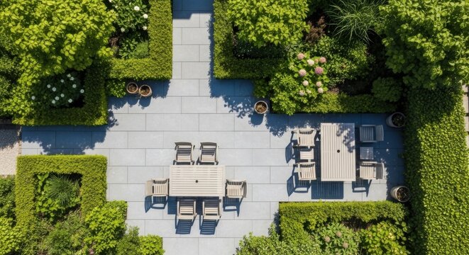 Luxury Outdoor Patio with Modern Furniture and Manicured Greenery Top Down Aerial View