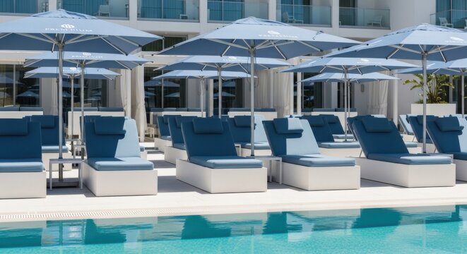 Luxury poolside lounge chairs with blue umbrellas and modern resort building in background