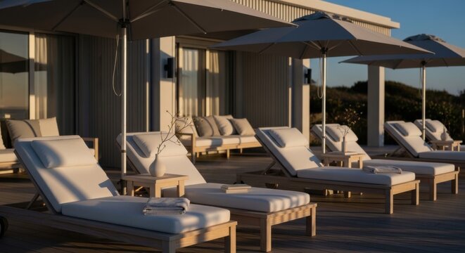 Luxury Resort Beachfront Lounge Chairs with Umbrellas at Sunset