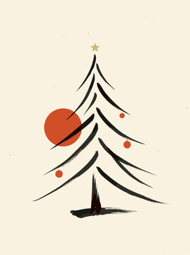 Minimalist Christmas tree design with bold black lines. Single golden star tops the tree's apex. Three orange baubles add festive warmth. Simple, elegant, and modern holiday aesthetic