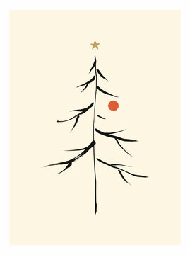 Simple sketch of a Christmas tree with one red ball and a star. Tree branches extend from a central trunk. Soft beige background enhances minimalist aesthetic