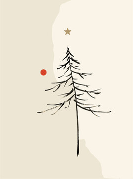 Minimalist pine tree stands tall. Star and orange dot add gentle charm. Soft beige background feels calm and serene. Perfect for holiday or nature-themed designs. Simple lines create a peaceful