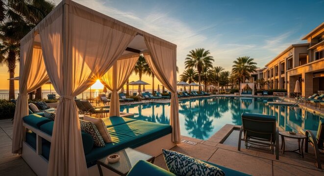 Luxury Resort Poolside Cabana Sunset with Palm Trees and Ocean View Tropical Vacation Destination