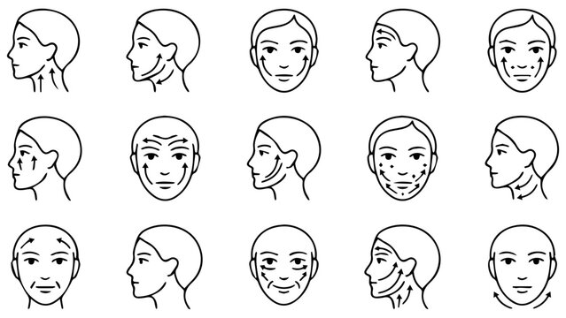 Set of fifteen human head icons showing different face angles and expressions in a line art style