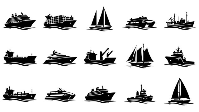 Set of black silhouette icons of different types of ships and boats sailing on the water surface