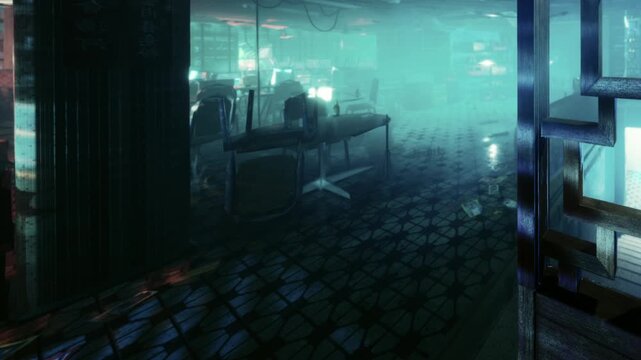 Dimly lit office space reveals discarded chairs and glowing monitors. Dust dances in the air, creating an eerie atmosphere of forgotten work and lost time.
