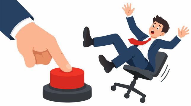 Large hand pressing red emergency button causing shocked businessman in suit to fall backward off office chair, layoff dismissal prank concept in bold flat vector illustration cartoon office firing