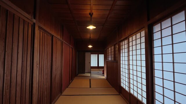 Interior of a traditional Japanese house with wooden walls, sliding doors, and tatami mats, Japan, Kagoshima