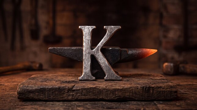 A handcrafted forged metal letter K standing proudly in front of a heavy blacksmith anvil on a rustic wooden workbench inside a traditional smithy workshop