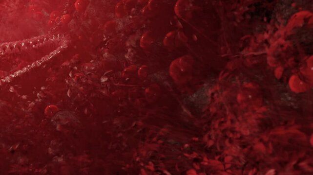 A surreal underwater world showcases numerous softly glowing red jellyfish drifting in serene waters. Light filters through, creating dynamic patterns and an enchanting atmosphere.