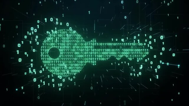 Slow zoom reveal of digital key forming from falling binary code in dark cyber network background