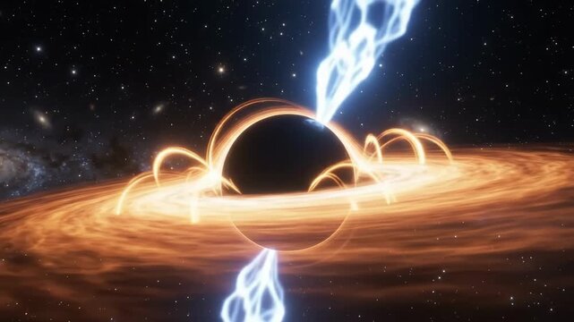 Tracking shot of rotating black hole emitting bright plasma jets above glowing accretion disk in deep space galaxy environment