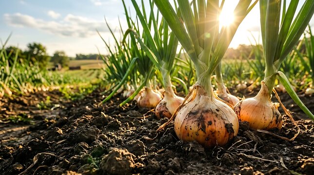 Fresh yellow onions growing in the soil on an organic farm during a sunny day with green leaves and sunlight glow