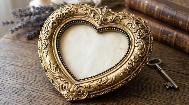 Decorative heart shaped picture frame with vintage floral carving on a dark rustic wooden table with a small metal key
