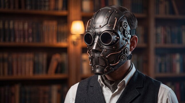 A man wearing a detailed steampunk mask with metallic gears and goggle lenses inside a dimly lit vintage library filled with numerous old wooden bookshelves.