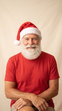 Smiling Santa Claus wearing a red t-shirt and hat with white trim and a fluffy beard