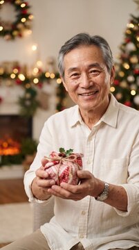 Smiling elderly Asian man holding a Christmas gift with festive decorations in the background