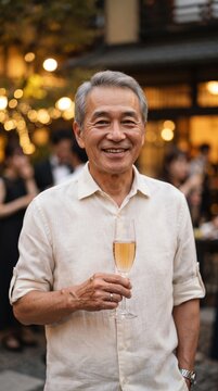 Smiling Asian Man Holding Champagne Glass at Outdoor Evening Gathering