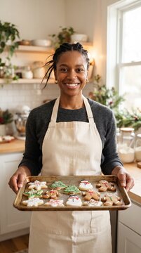 Smiling woman holding a baking sheet filled with decorated Christmas cookies in a cozy kitchen setting