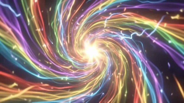 Tracking shot of multicolored light ribbons spiraling inward into glowing vortex in abstract cosmic space with particle sparks
