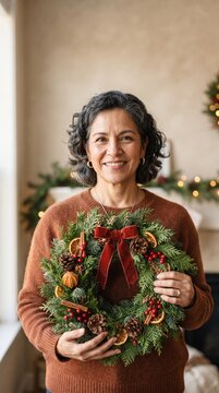 Smiling Woman Holding a Festive Christmas Wreath Decorated with Pinecones and Dried Oranges